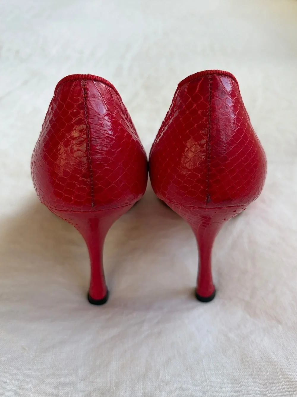 Vintage Manolo Blahnik Python Snake Leather Pointy Toe Mary Jane Heels Red